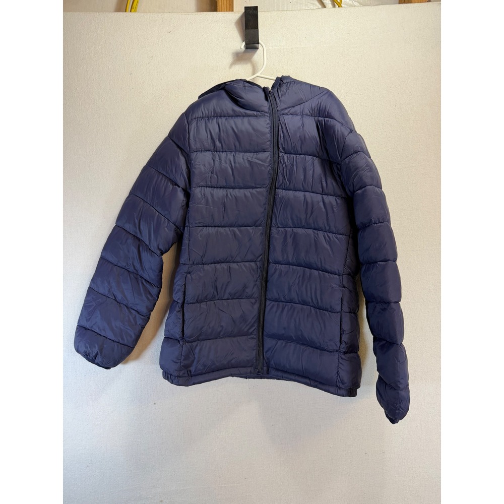 Kids Navy Blue Hooded Puffer Jacket Quilted Full Zip Coat Size L 10